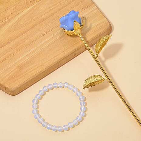 HandCrafted Decor Gift Blue Opalite Rose in Yellow Gold Tone 225.00 Ct.
