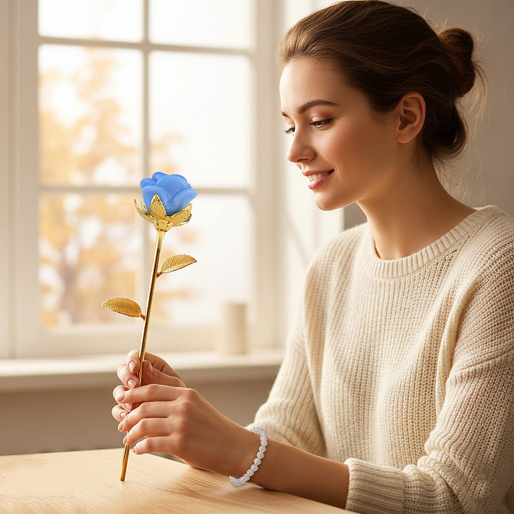 HandCrafted Decor Gift Blue Opalite Rose in Yellow Gold Tone 225.00 Ct.