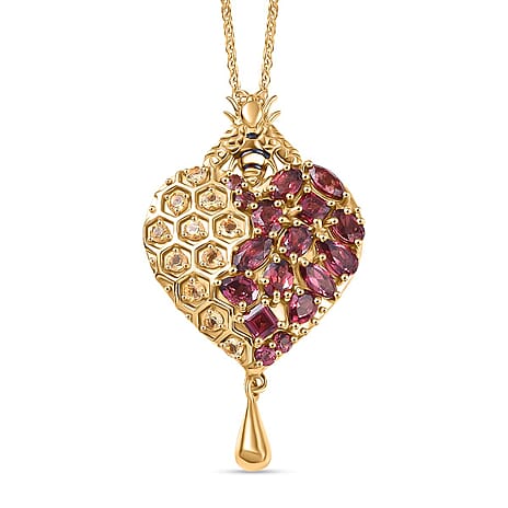 GP Honeycomb Collection- Citrine, Orissa Rose Garnet & Blue Sapphire Pendant with Chain (Size 20) in 18K Vermeil Yellow Gold Plated Sterling Silver 3.53 Ct, Silver Wt. 7.13 Gms.