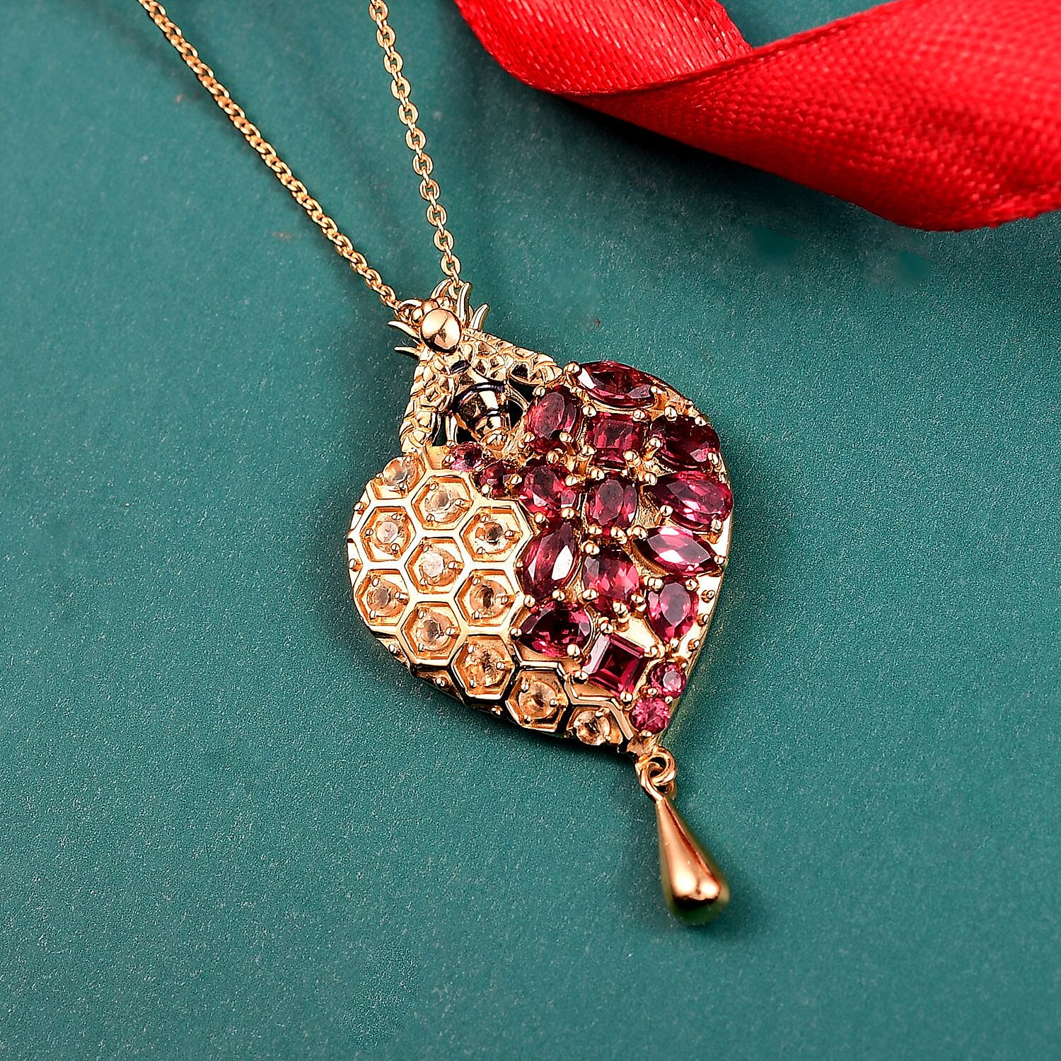 GP Honeycomb Collection- Citrine, Orissa Rose Garnet & Blue Sapphire Pendant with Chain (Size 20) in 18K Vermeil Yellow Gold Plated Sterling Silver 3.53 Ct, Silver Wt. 7.13 Gms.
