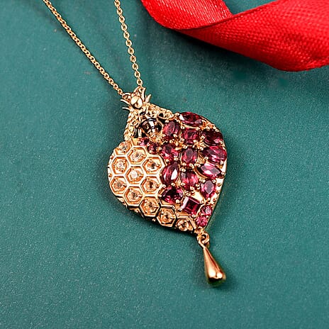 GP Honeycomb Collection- Citrine, Orissa Rose Garnet & Blue Sapphire Pendant with Chain (Size 20) in 18K Vermeil Yellow Gold Plated Sterling Silver 3.53 Ct, Silver Wt. 7.13 Gms.