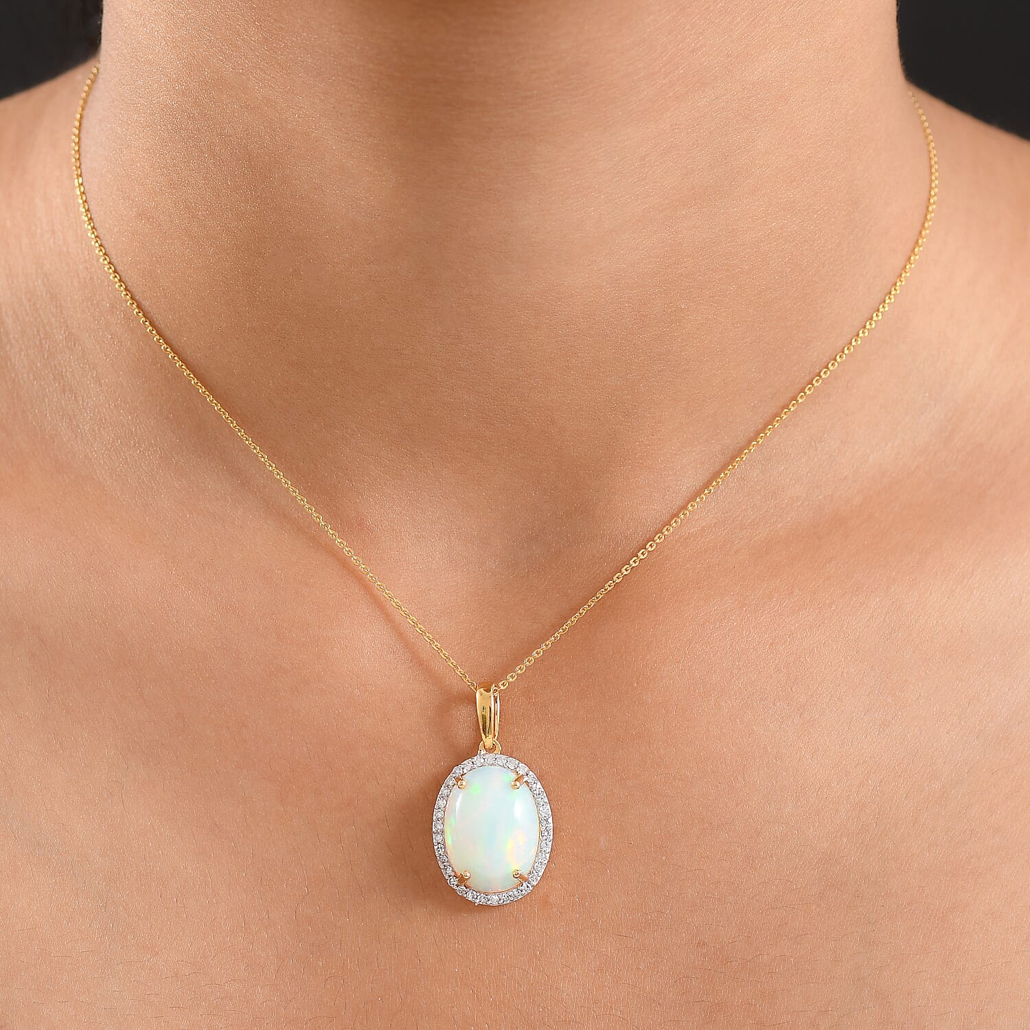 Luxuriant AAA Ethiopian Opal & Lab Grown Diamond (SI-GH) Pendant with Chain (Size 20) in 18K Vermeil Yellow Gold Plating Sterling Silver 6.56 Ct
