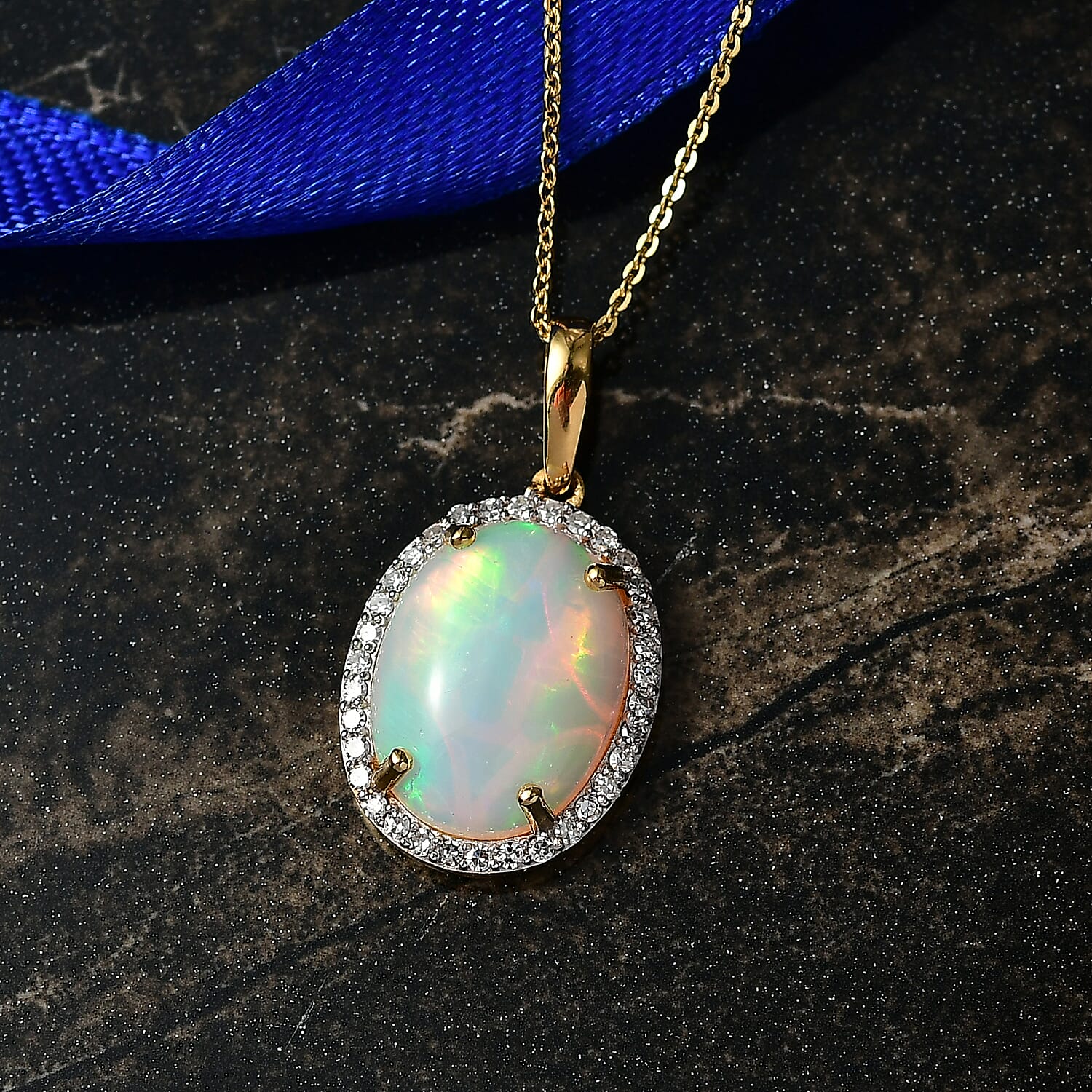 Luxuriant AAA Ethiopian Opal & Lab Grown Diamond (SI-GH) Pendant with Chain (Size 20) in 18K Vermeil Yellow Gold Plating Sterling Silver 6.56 Ct