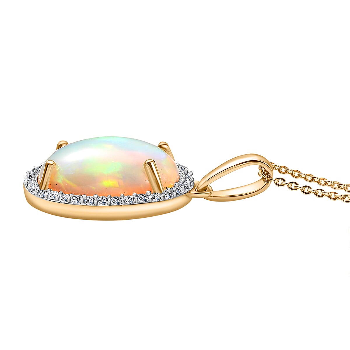 Luxuriant AAA Ethiopian Opal & Lab Grown Diamond (SI-GH) Pendant with Chain (Size 20) in 18K Vermeil Yellow Gold Plating Sterling Silver 6.56 Ct