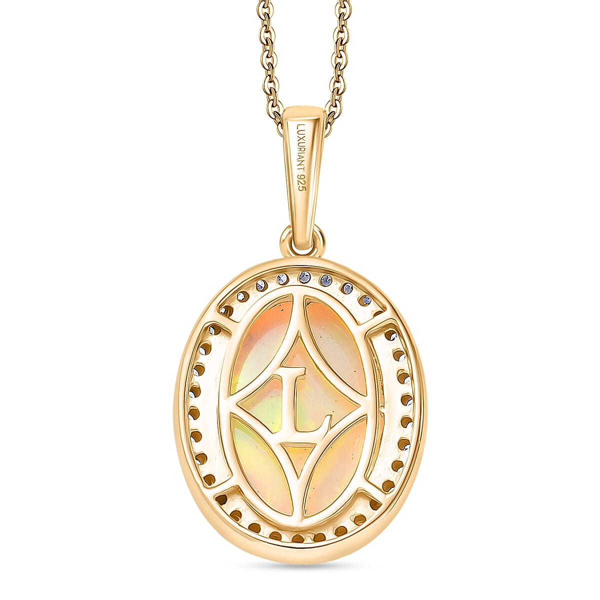 Luxuriant AAA Ethiopian Opal & Lab Grown Diamond (SI-GH) Pendant with Chain (Size 20) in 18K Vermeil Yellow Gold Plating Sterling Silver 6.56 Ct