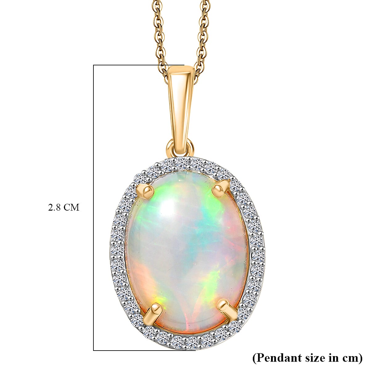 Luxuriant AAA Ethiopian Opal & Lab Grown Diamond (SI-GH) Pendant with Chain (Size 20) in 18K Vermeil Yellow Gold Plating Sterling Silver 6.56 Ct