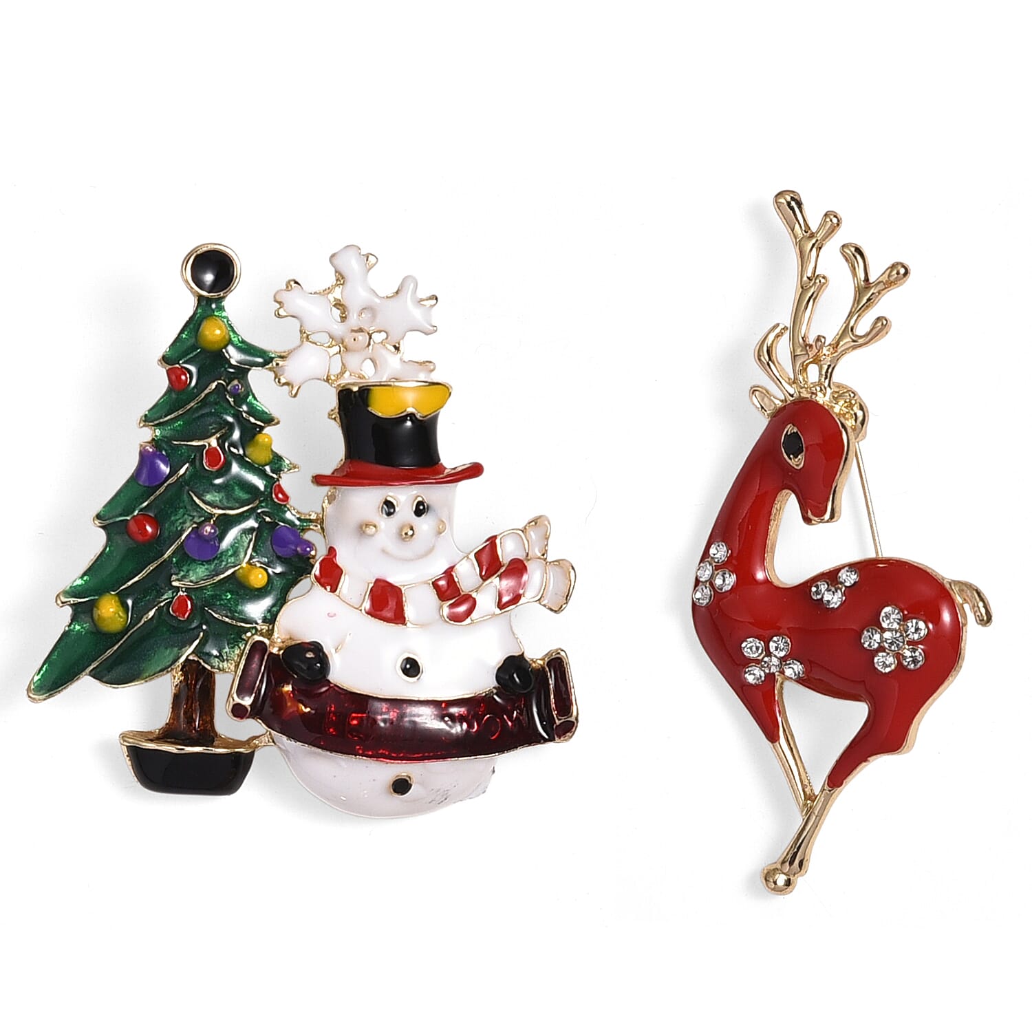 Set of 2 -  White & Black Crystal Christmas Celebrations Brooch in Yellow Gold Tone with Enameled