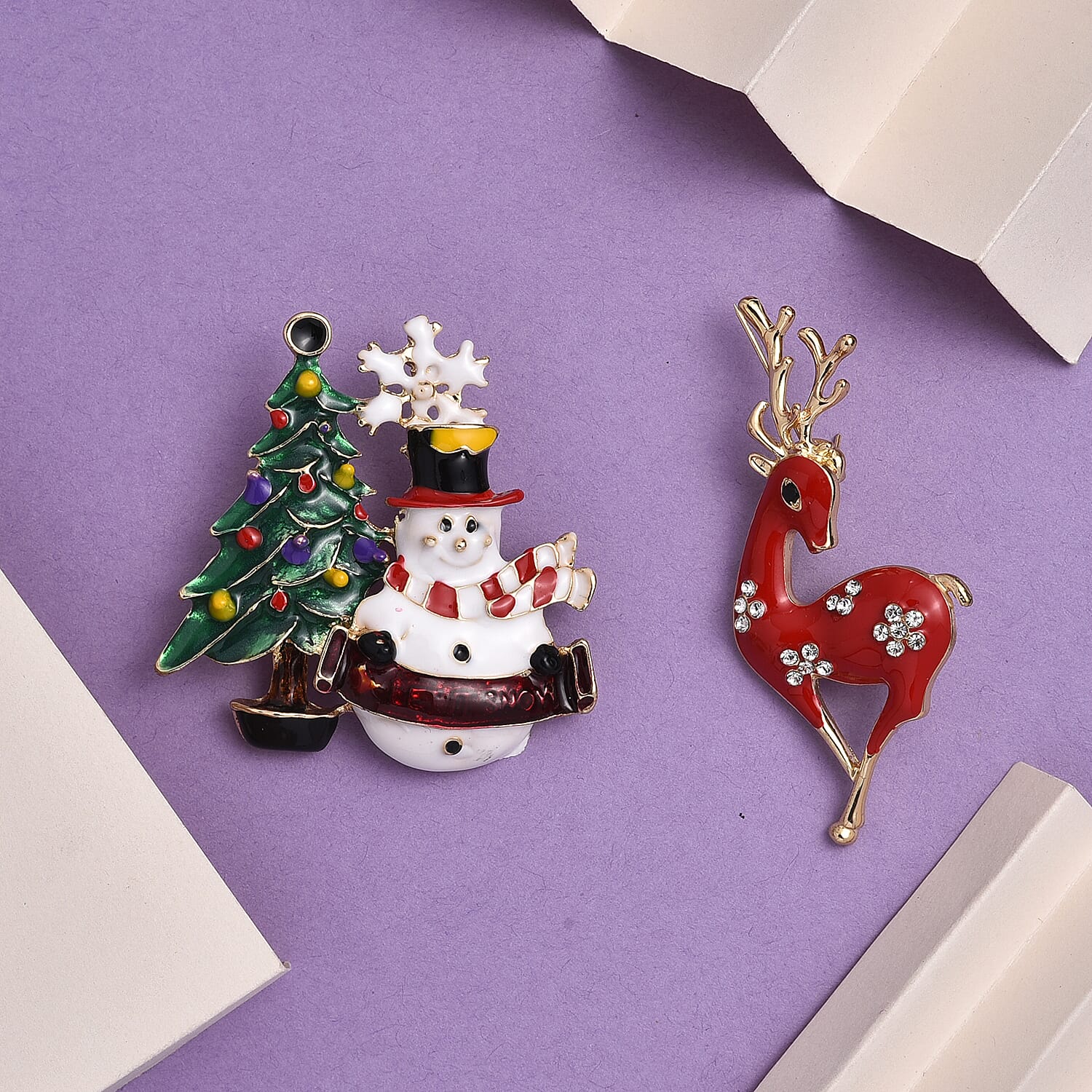 Set of 2 -  White & Black Crystal Christmas Celebrations Brooch in Yellow Gold Tone with Enameled