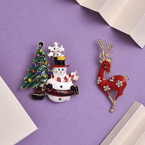 Set of 2 - White & Black Crystal Christmas Celebrations Brooch in Yellow Gold Tone with Enameled