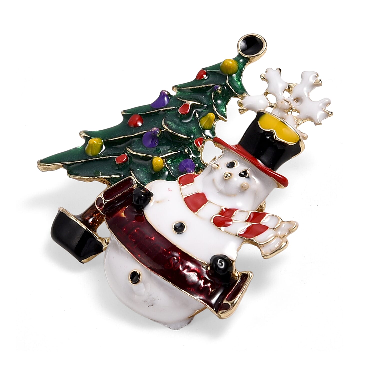 Set of 2 -  White & Black Crystal Christmas Celebrations Brooch in Yellow Gold Tone with Enameled