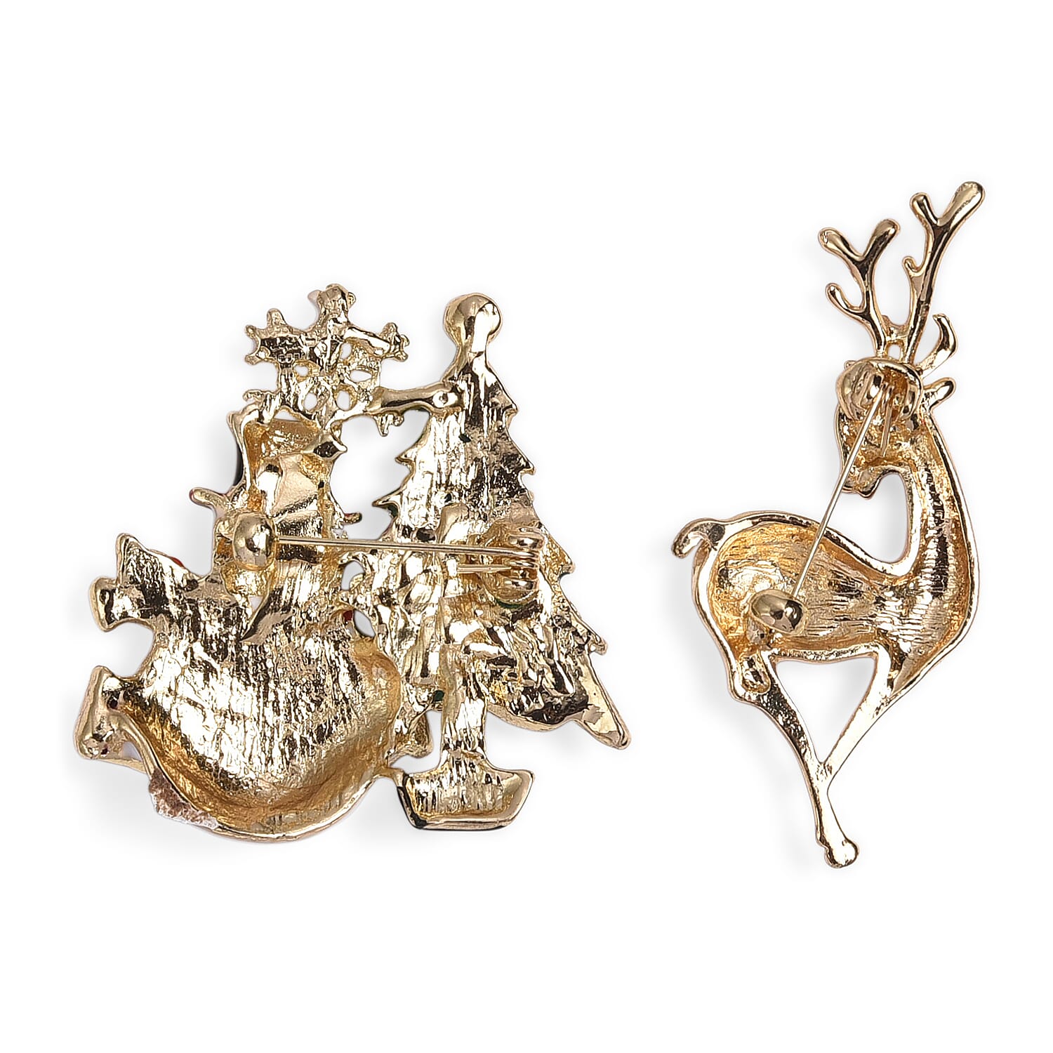 Set of 2 -  White & Black Crystal Christmas Celebrations Brooch in Yellow Gold Tone with Enameled