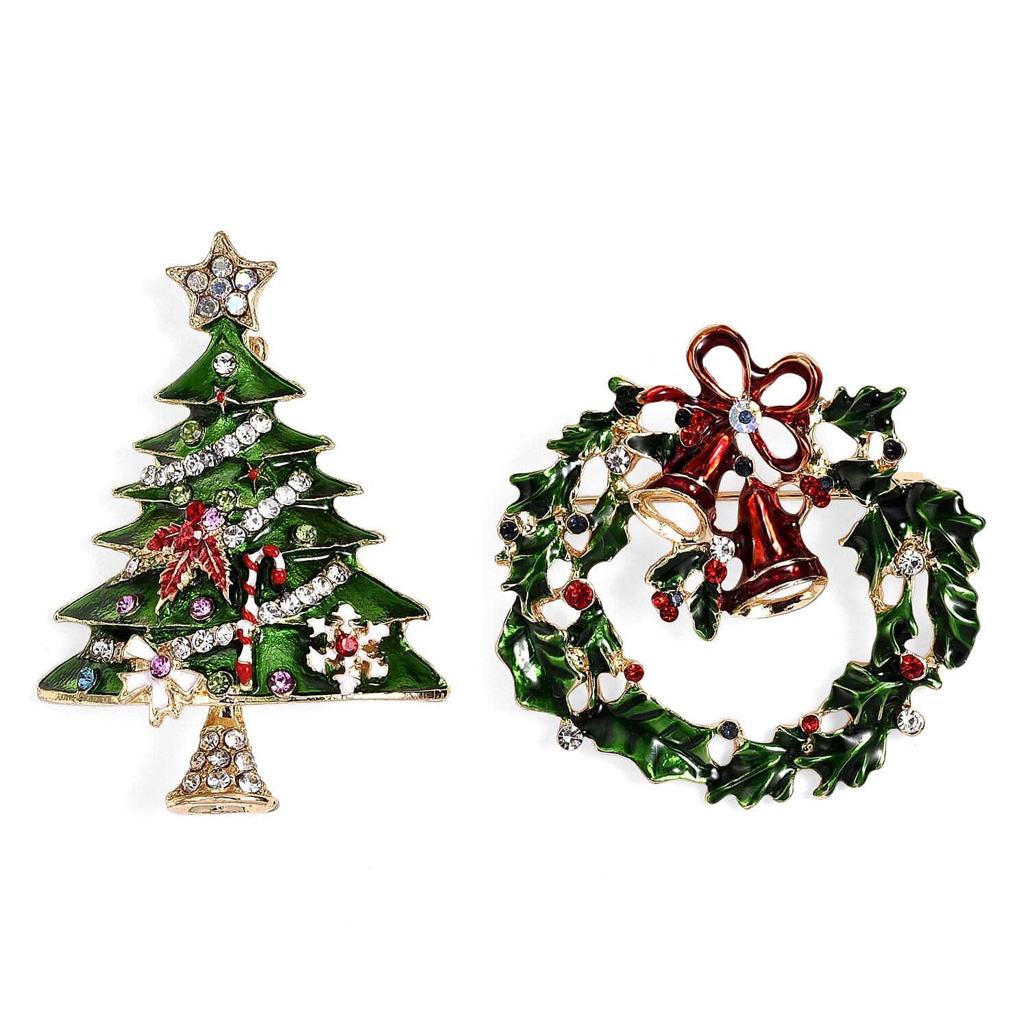 Set of 2 -  Multi Colour Crystal Brooch in Yellow Gold Tone with Enameled