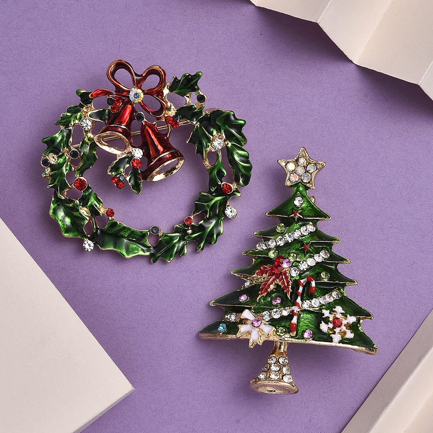 Set of 2 -  Multi Colour Crystal Brooch in Yellow Gold Tone with Enameled