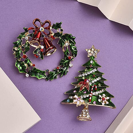 Set of 2 - Multi Colour Crystal Brooch in Yellow Gold Tone with Enameled