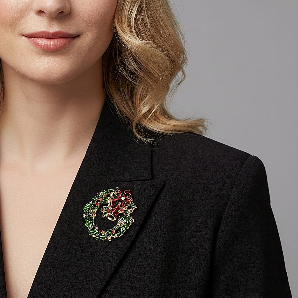 Set of 2 -  Multi Colour Crystal Brooch in Yellow Gold Tone with Enameled