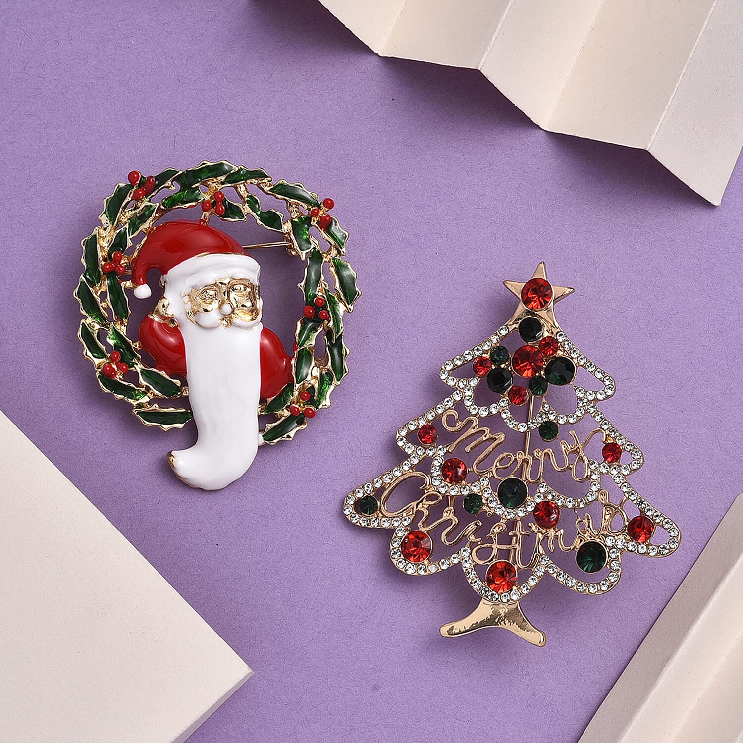 Closeout Deal - Christmas Deal - Set of 2 - Santa and Christmas Tree Brooch