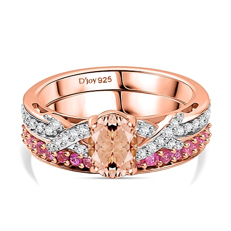 D'Joy Set of 2 - Pink Sapphire, Morganite & White Zircon Ring in 18K Vermeil Rose Gold Plated Sterling Silver 1.44 Ct, Silver Wt. 5.78 Gms.