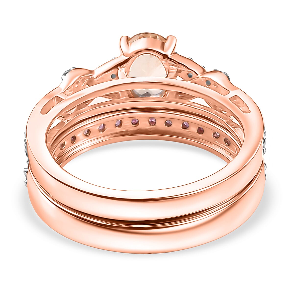 D'Joy Set of 2 - Pink Sapphire, Morganite & White Zircon Ring in 18K Vermeil Rose Gold Plated Sterling Silver 1.44 Ct, Silver Wt. 5.78 Gms.