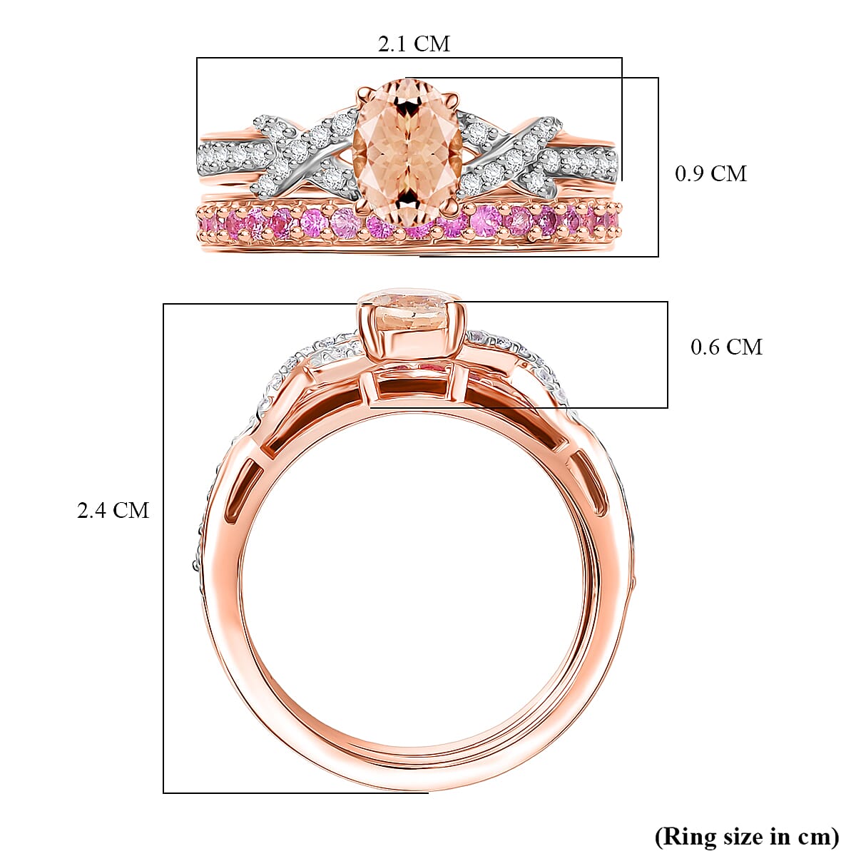 D'Joy Set of 2 - Pink Sapphire, Morganite & White Zircon Ring in 18K Vermeil Rose Gold Plated Sterling Silver 1.44 Ct, Silver Wt. 5.78 Gms.
