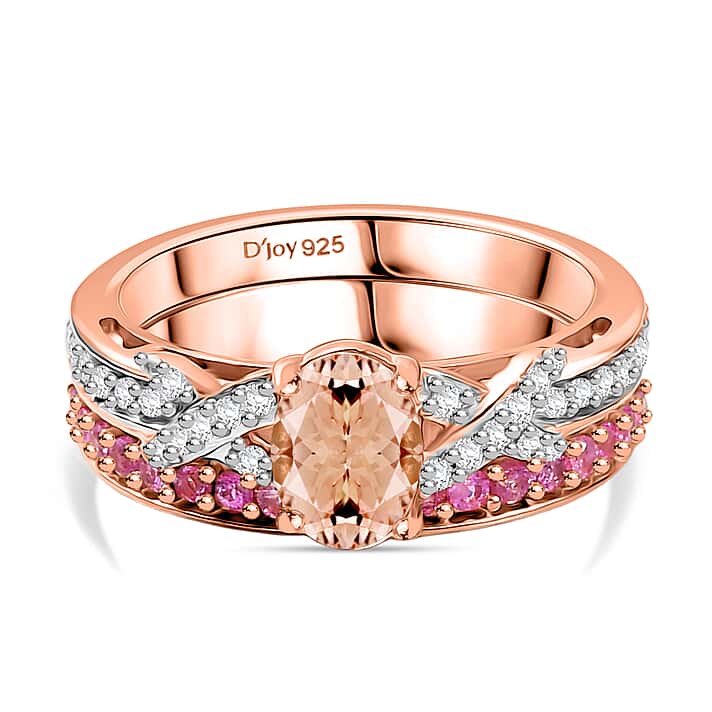 D'Joy Set of 2 - Pink Sapphire, Morganite & White Zircon Ring in 18K Vermeil Rose Gold Plated Sterling Silver 1.44 Ct, Silver Wt. 5.78 Gms.