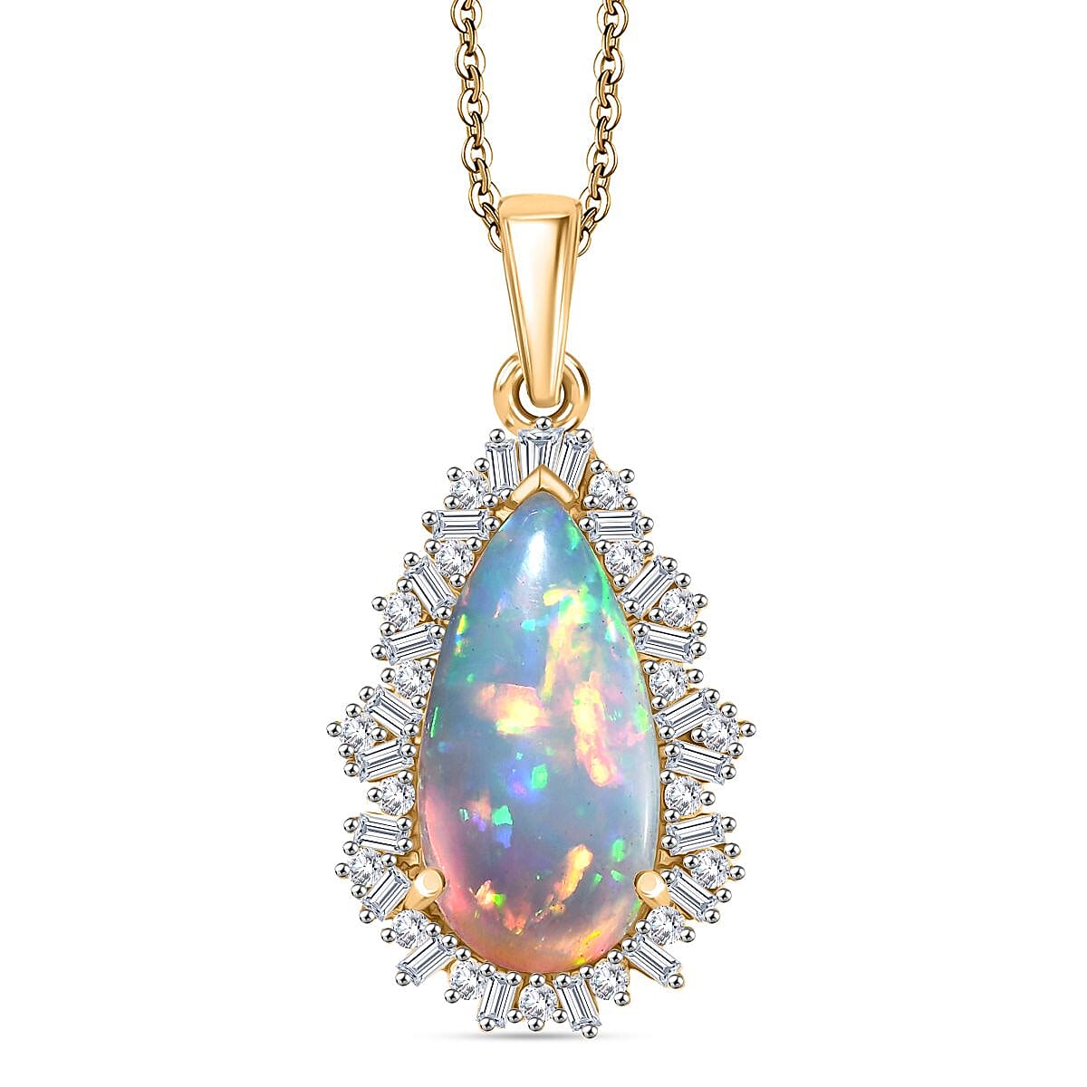 AAA Ethiopian Opal & Moissanite Pendant with Chain (Size 20) in 18K Vermeil Yellow Gold Plated Sterling Silver 4.75  Ct.