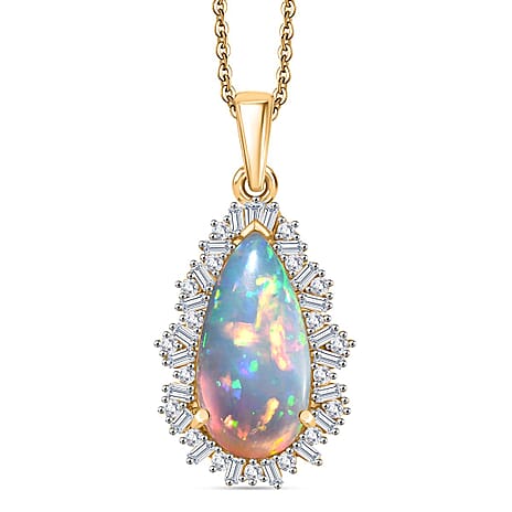 AAA Ethiopian Opal & Moissanite Pendant with Chain (Size 20) in 18K Vermeil Yellow Gold Plated Sterling Silver 4.75  Ct.