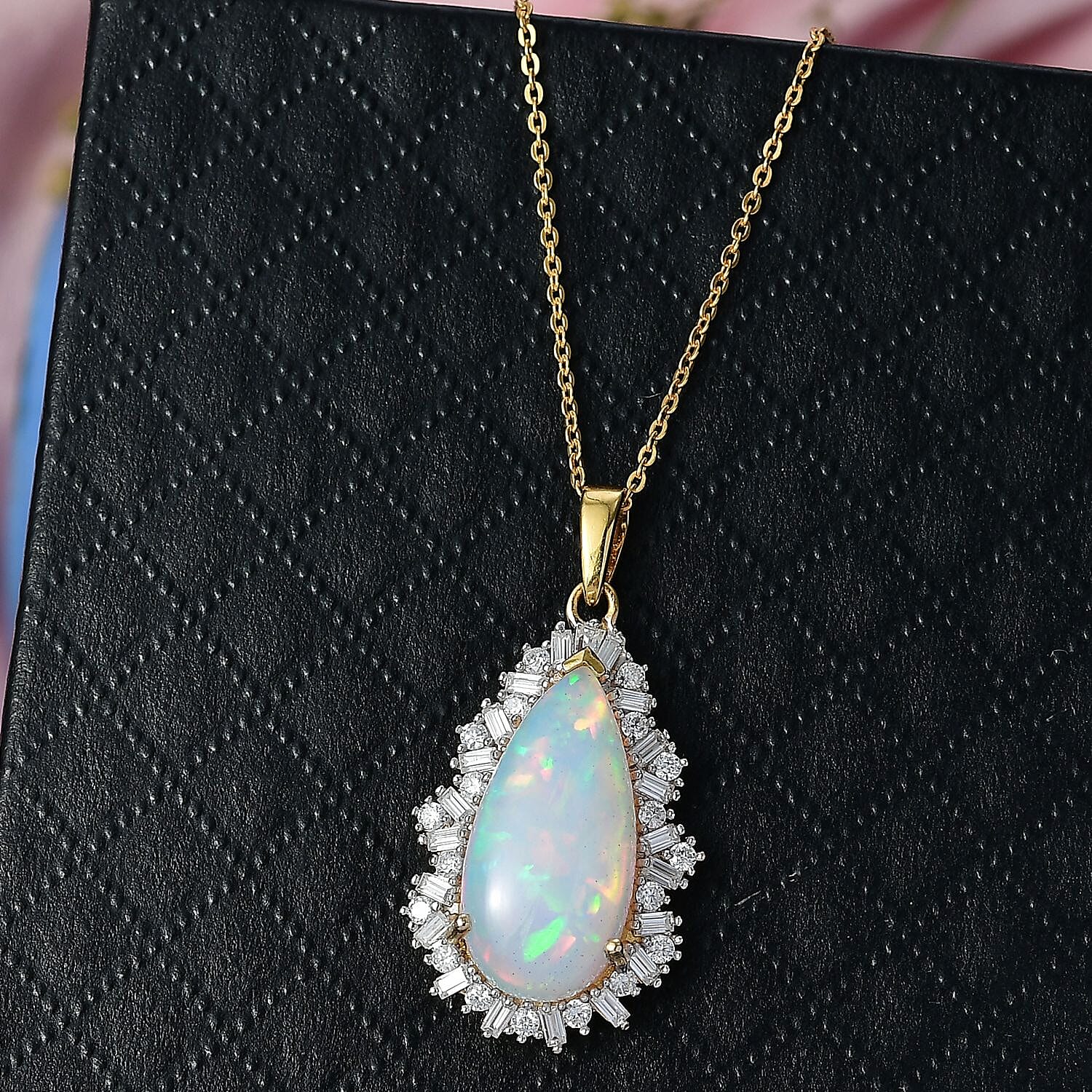 AAA Ethiopian Opal & Moissanite Pendant with Chain (Size 20) in 18K Vermeil Yellow Gold Plated Sterling Silver 4.75  Ct.