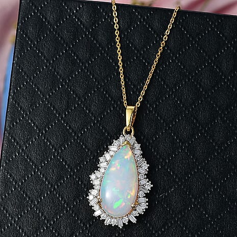 AAA Ethiopian Opal & Moissanite Pendant with Chain (Size 20) in 18K Vermeil Yellow Gold Plated Sterling Silver 4.75  Ct.