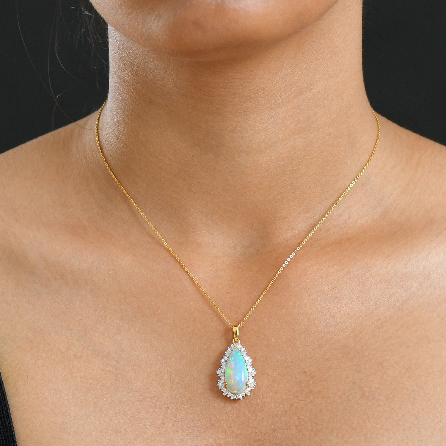 AAA Ethiopian Opal & Moissanite Pendant with Chain (Size 20) in 18K Vermeil Yellow Gold Plated Sterling Silver 4.75  Ct.