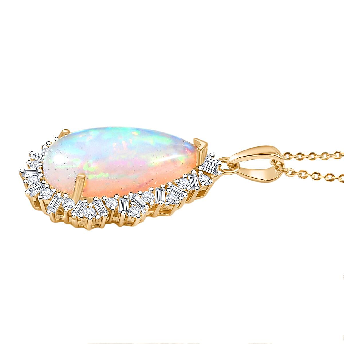 AAA Ethiopian Opal & Moissanite Pendant with Chain (Size 20) in 18K Vermeil Yellow Gold Plated Sterling Silver 4.75  Ct.