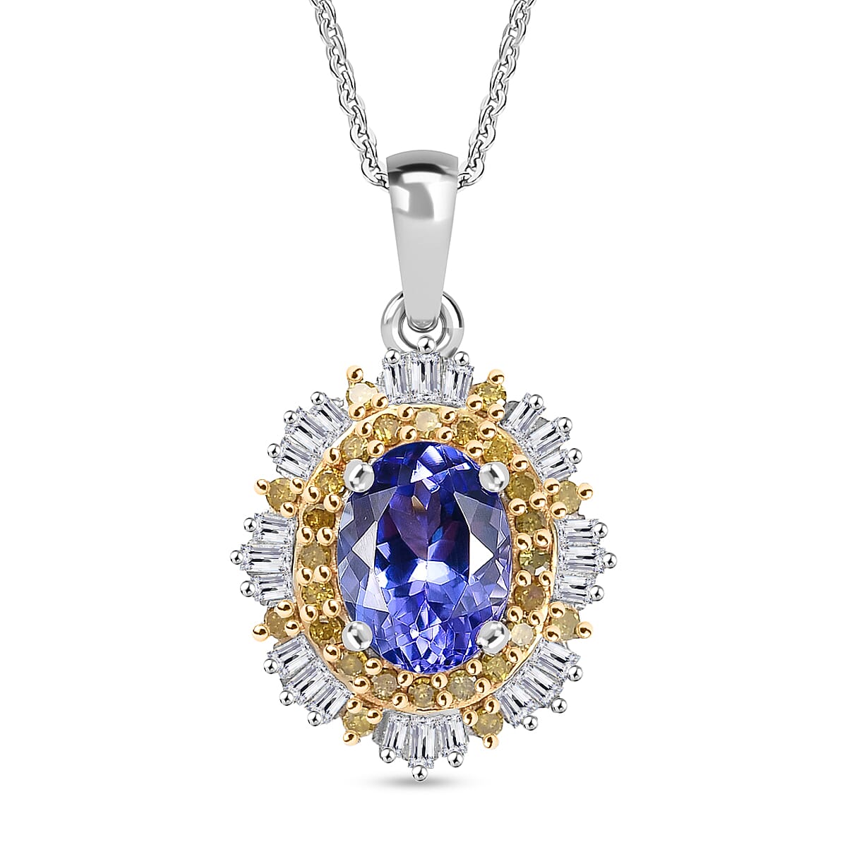 D'Joy Tanzanite, Yellow Diamond & White Diamond Pendant with Chain (Size 20) in Rhodium Overlay Sterling 1.95 Ct.