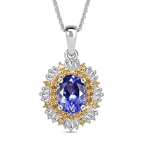 D'Joy Tanzanite, Yellow Diamond & White Diamond Pendant with Chain (Size 20) in Rhodium Overlay Sterling 1.95 Ct.