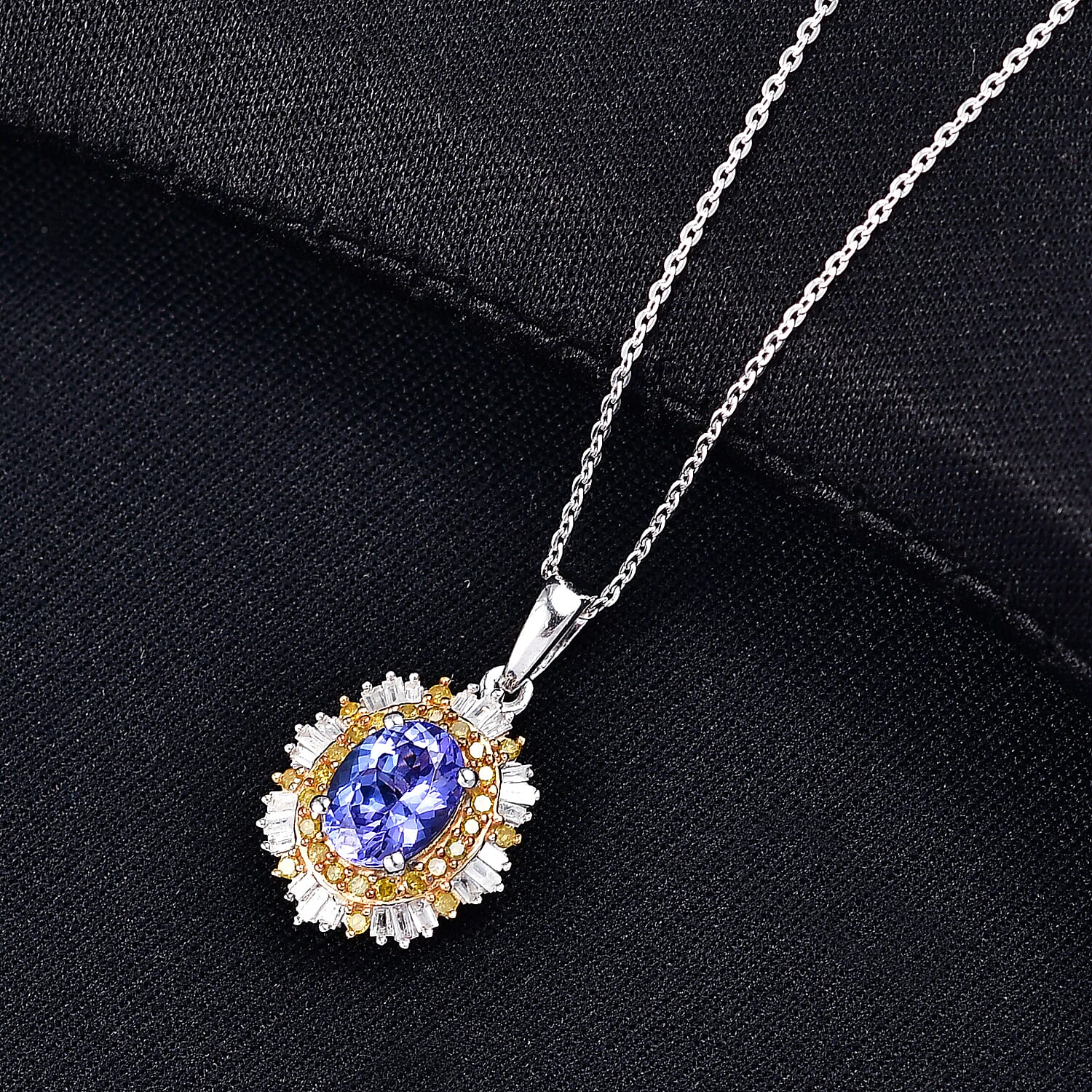 D'Joy Tanzanite, Yellow Diamond & White Diamond Pendant with Chain (Size 20) in Rhodium Overlay Sterling 1.95 Ct.