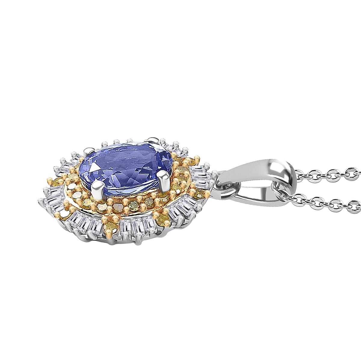 D'Joy Tanzanite, Yellow Diamond & White Diamond Pendant with Chain (Size 20) in Rhodium Overlay Sterling 1.95 Ct.