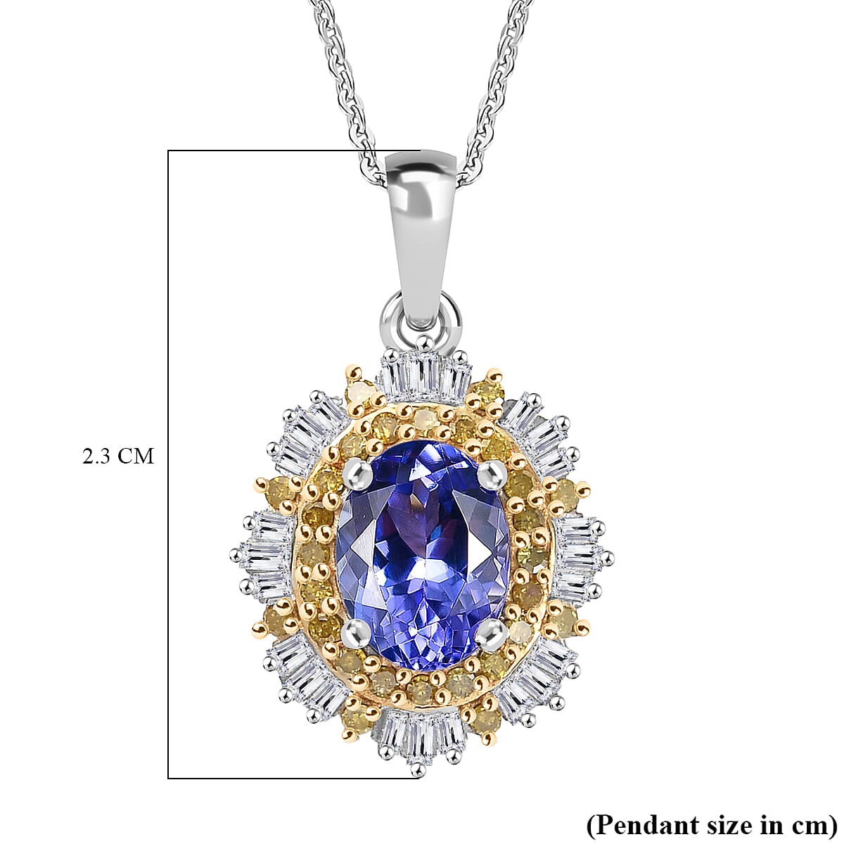 D'Joy Tanzanite, Yellow Diamond & White Diamond Pendant with Chain (Size 20) in Rhodium Overlay Sterling 1.95 Ct.