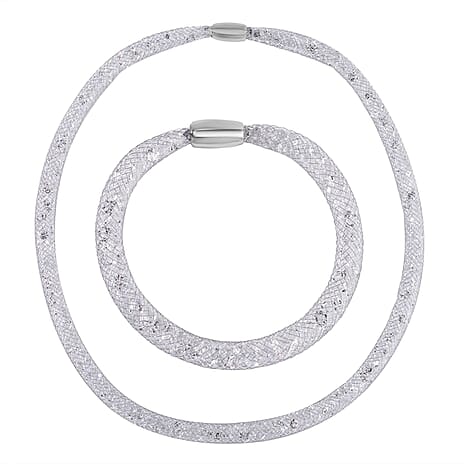 2 Piece Set -  White Crystal Fancy Necklace and Fancy Bracelet Pure White Brass  0.020  Ct.