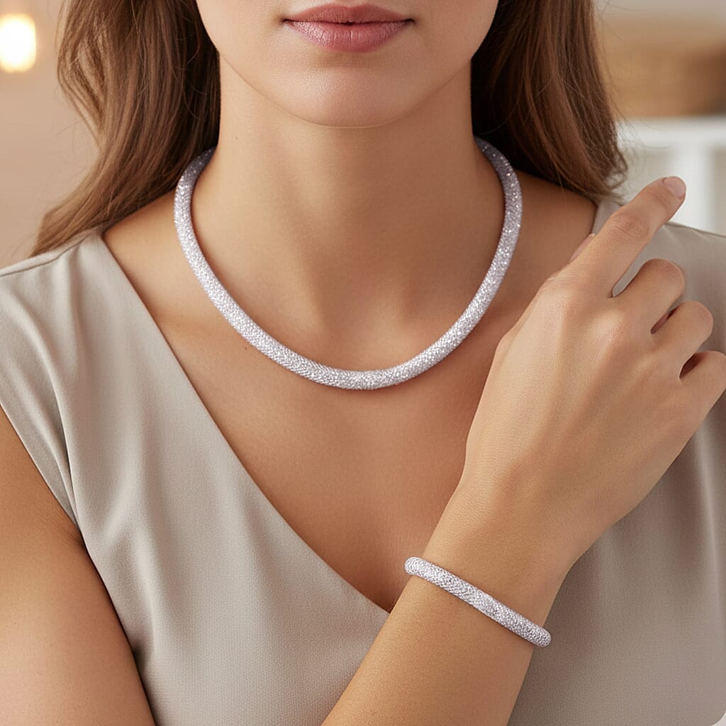 2 Piece Set -  White Crystal Fancy Necklace and Fancy Bracelet Pure White Brass  0.020  Ct.