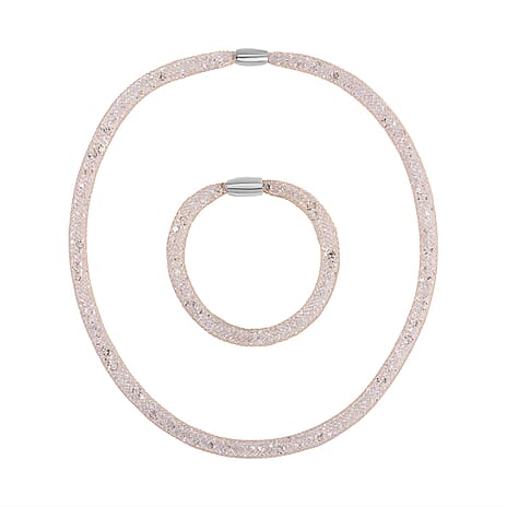 2 Piece Set -  White Crystal Fancy Necklace and Fancy Bracelet Pure Yellow Brass  0.020  Ct.