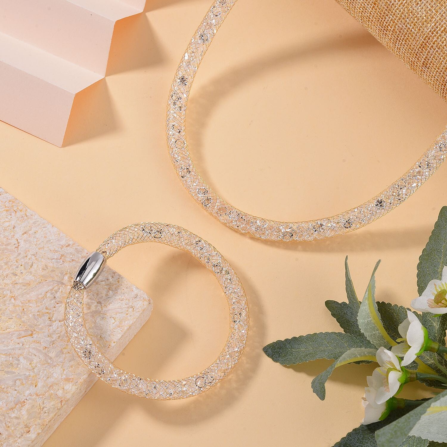 2 Piece Set -  White Crystal Fancy Necklace and Fancy Bracelet Pure Yellow Brass  0.020  Ct.
