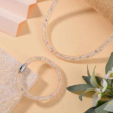 2 Piece Set -  White Crystal Fancy Necklace and Fancy Bracelet Pure Yellow Brass  0.020  Ct.