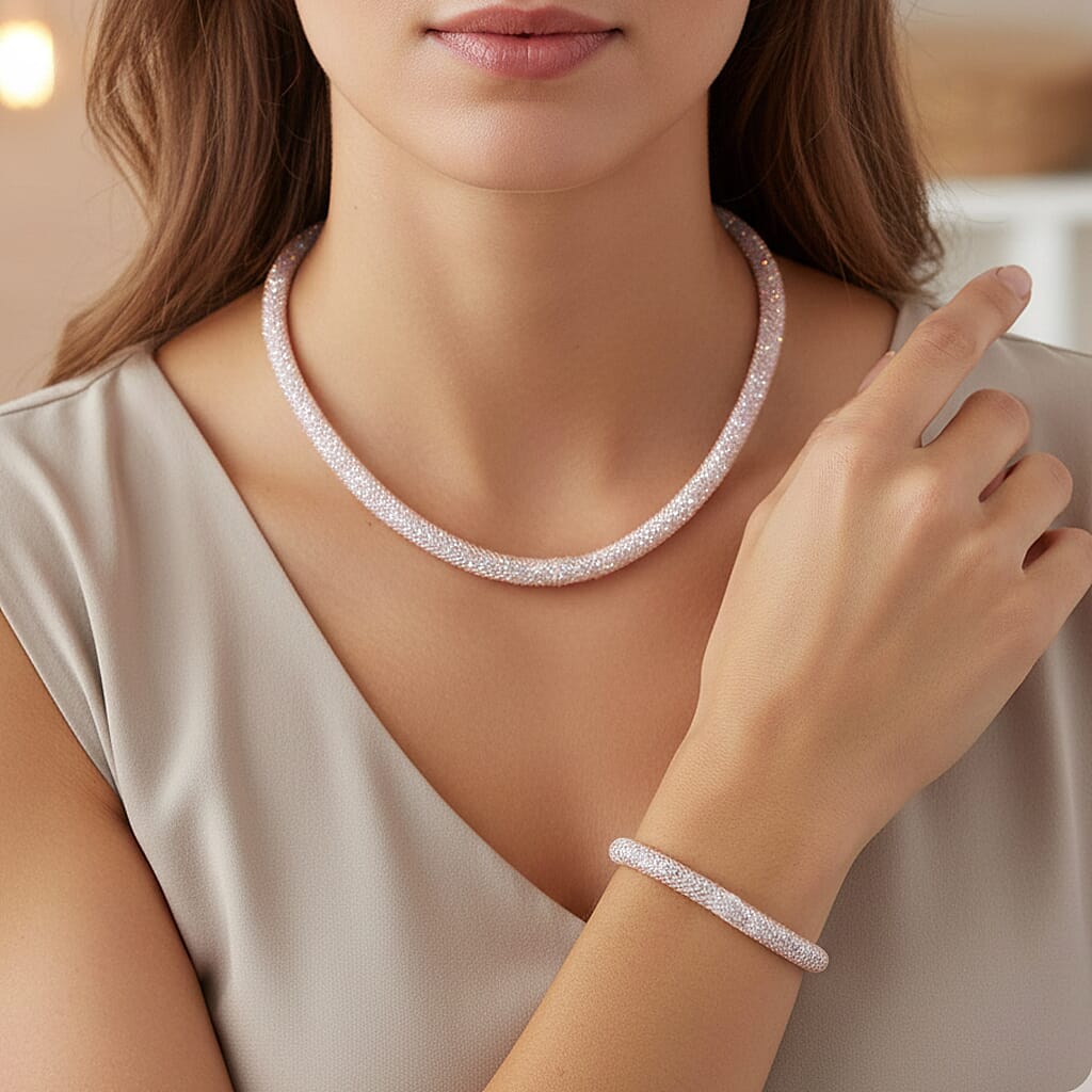 2 Piece Set -  White Crystal Fancy Necklace and Fancy Bracelet Pure Yellow Brass  0.020  Ct.