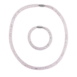 2 Piece Set -  Sparkly White Crystal Necklace (Size - 20) and Bracelet (Size - 8)