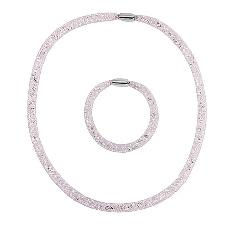 2 Piece Set -  White Crystal Fancy Necklace and Fancy Bracelet Pure Rose Brass  0.020  Ct.