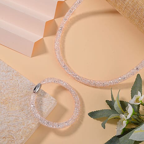 2 Piece Set -  White Crystal Fancy Necklace and Fancy Bracelet Pure Rose Brass  0.020  Ct.