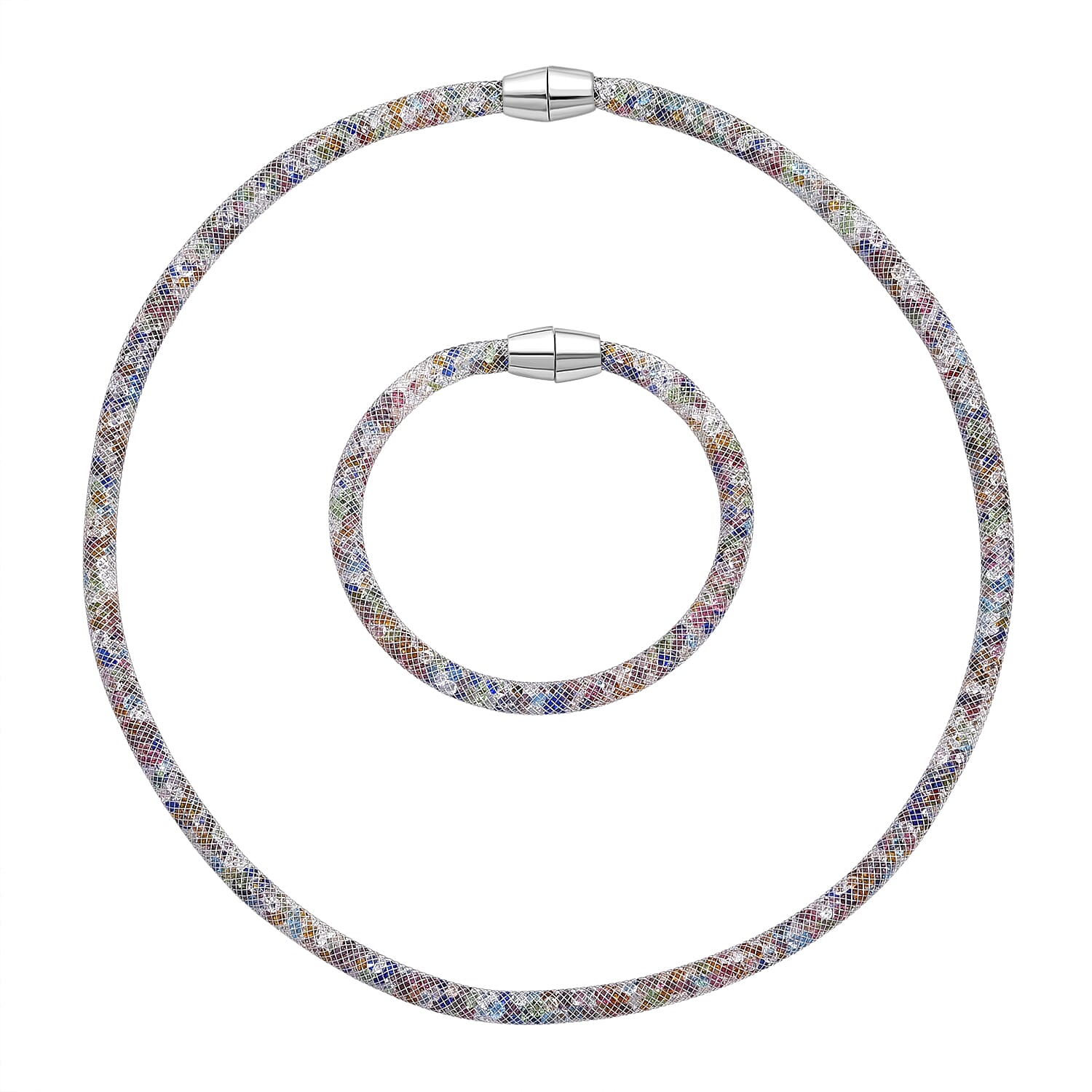 2 Piece Set -  Multi Color Crystal Fancy Necklace and Fancy Bracelet Pure White Brass  0.020  Ct.