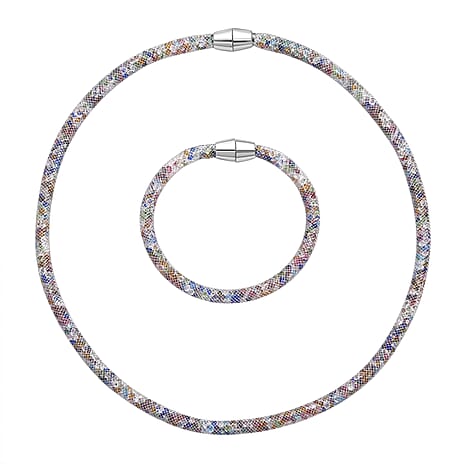 2 Piece Set -  Multi Color Crystal Fancy Necklace and Fancy Bracelet Pure White Brass  0.020  Ct.