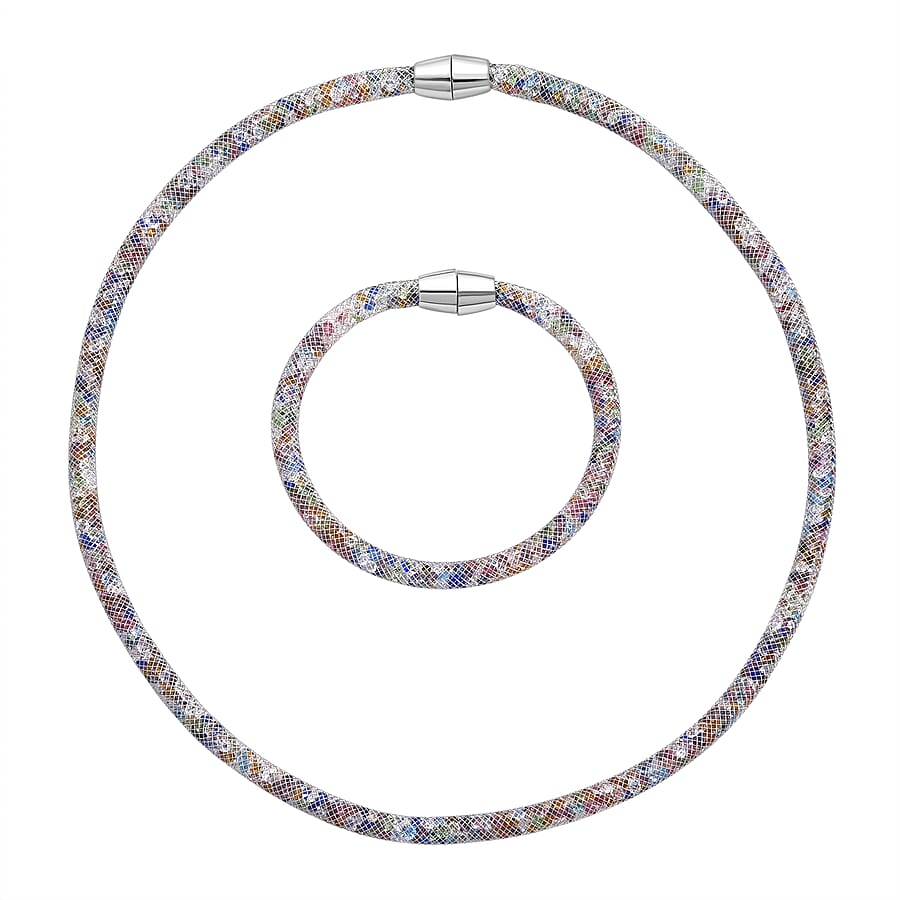 2 Piece Set - Sparkly Multi Colour Crystal Necklace (Size - 20) and Bracelet (Size - 8)