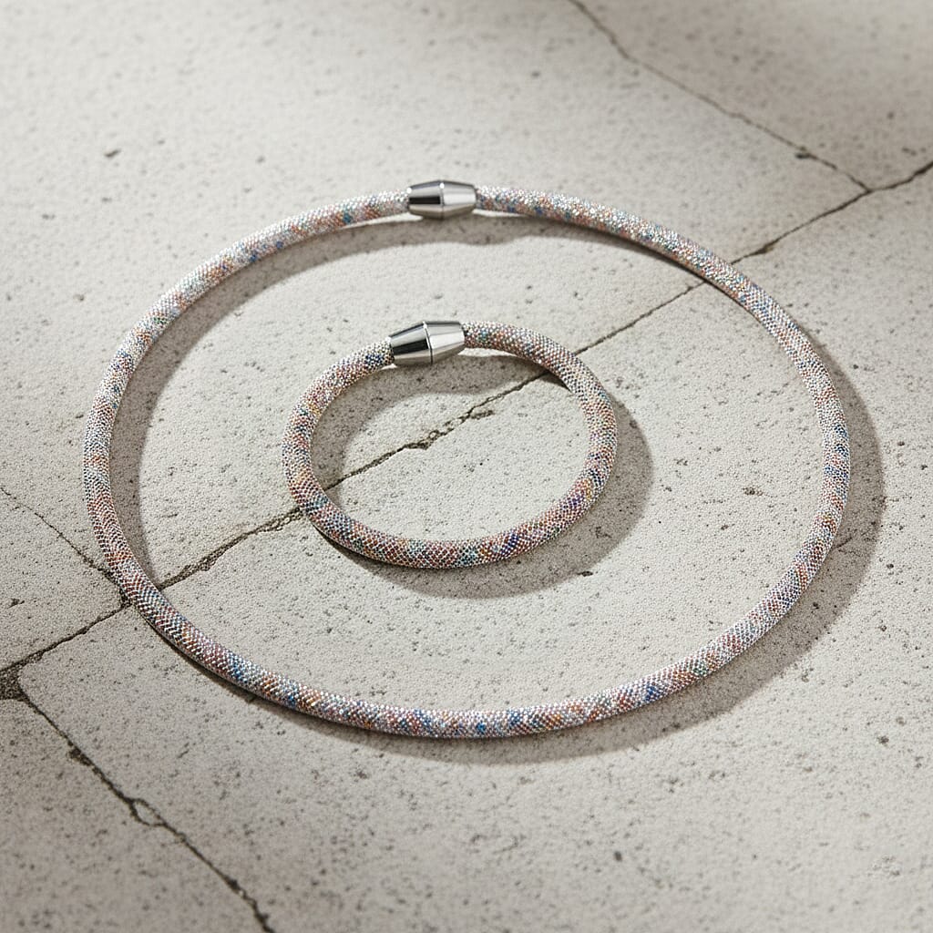 2 Piece Set -  Multi Color Crystal Fancy Necklace and Fancy Bracelet Pure White Brass  0.020  Ct.