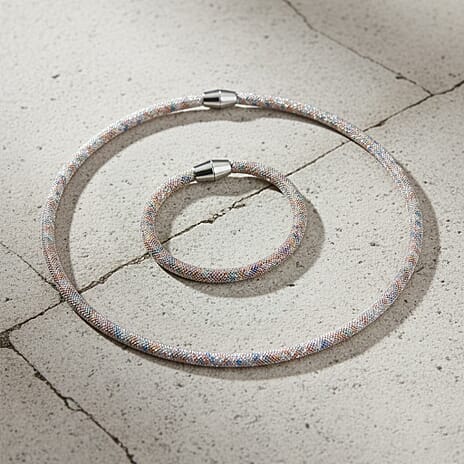 2 Piece Set -  Multi Color Crystal Fancy Necklace and Fancy Bracelet Pure White Brass  0.020  Ct.