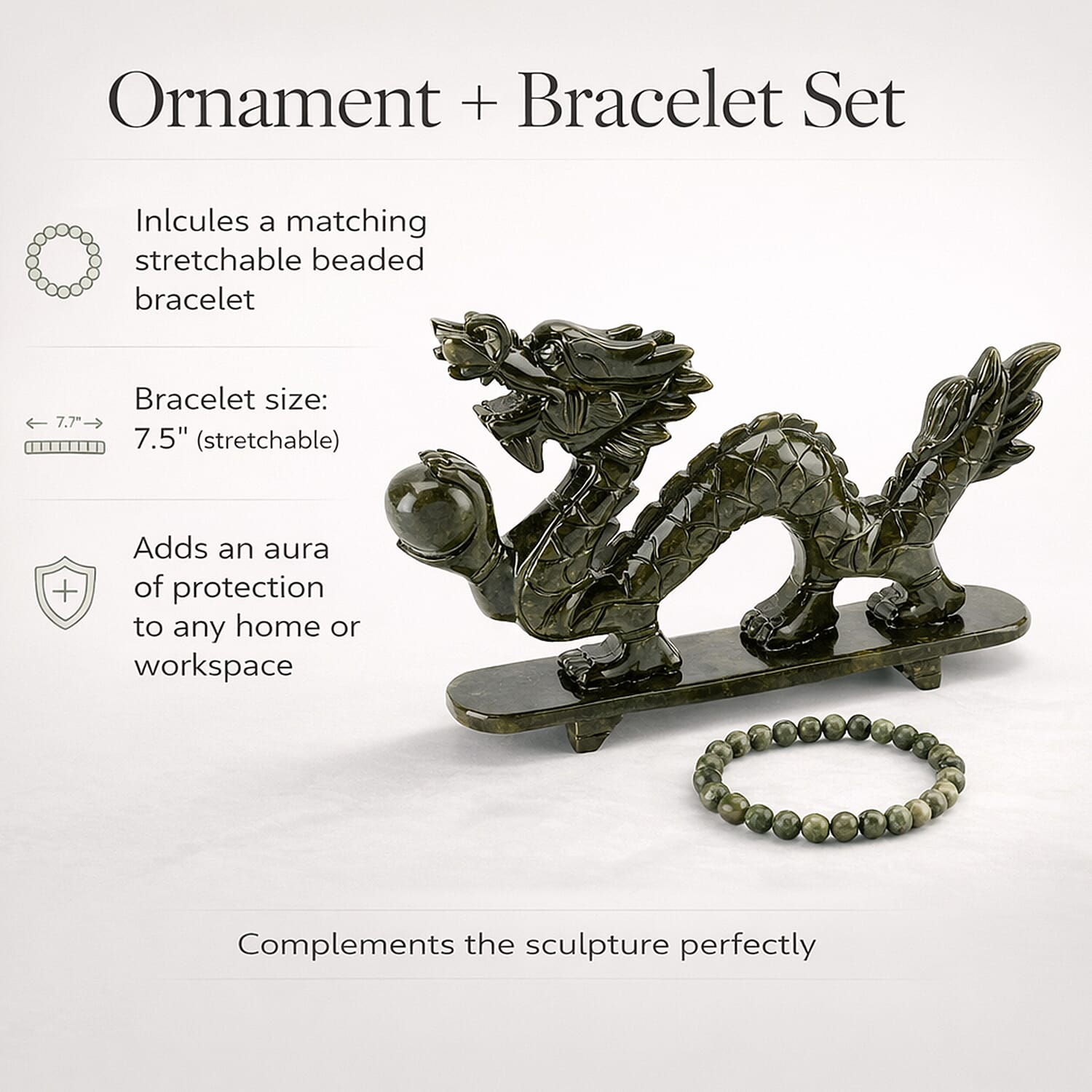 TJC EXCLUSIVE - Extremely Rare Hand Chinese Jade Carved (Serpentine) Dragon Ornament - Symbolising Strength & Perseverance With Bracelet (Size 7.5 Strechable) 6595.00 Ct.
